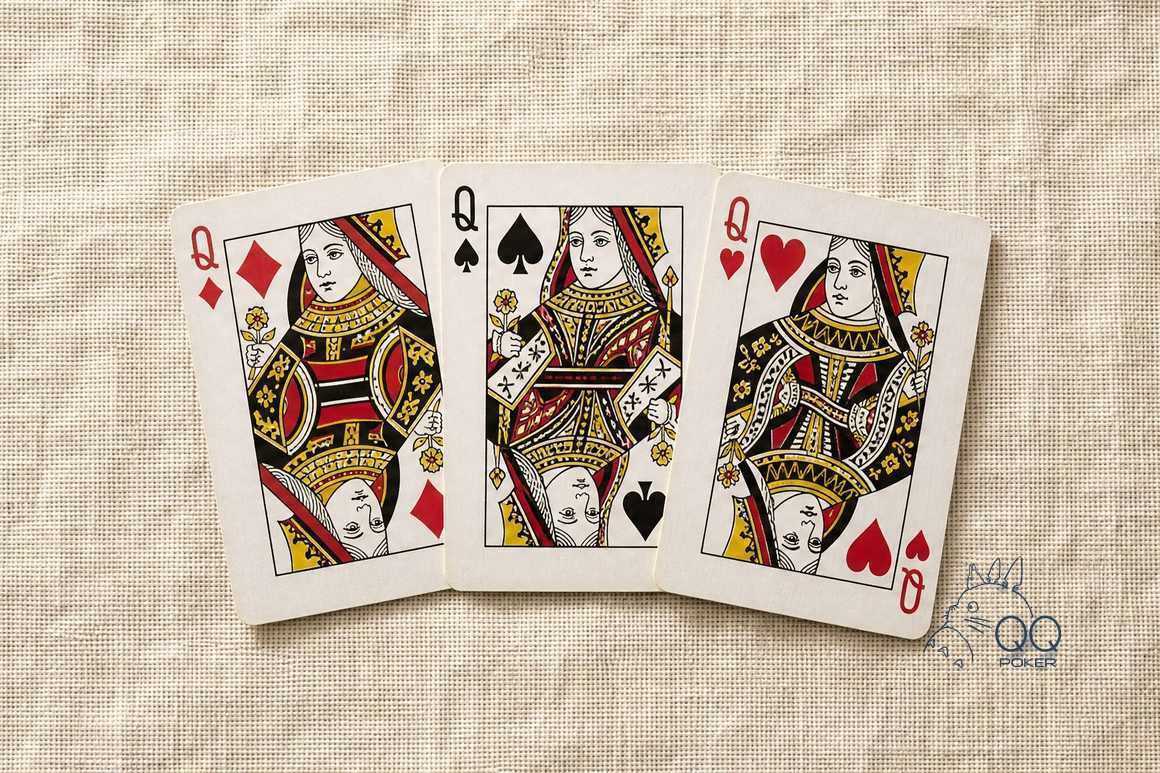 亚麻布上三张正面朝上的 Q：方块、黑桃、红桃，三条 Q，正俯